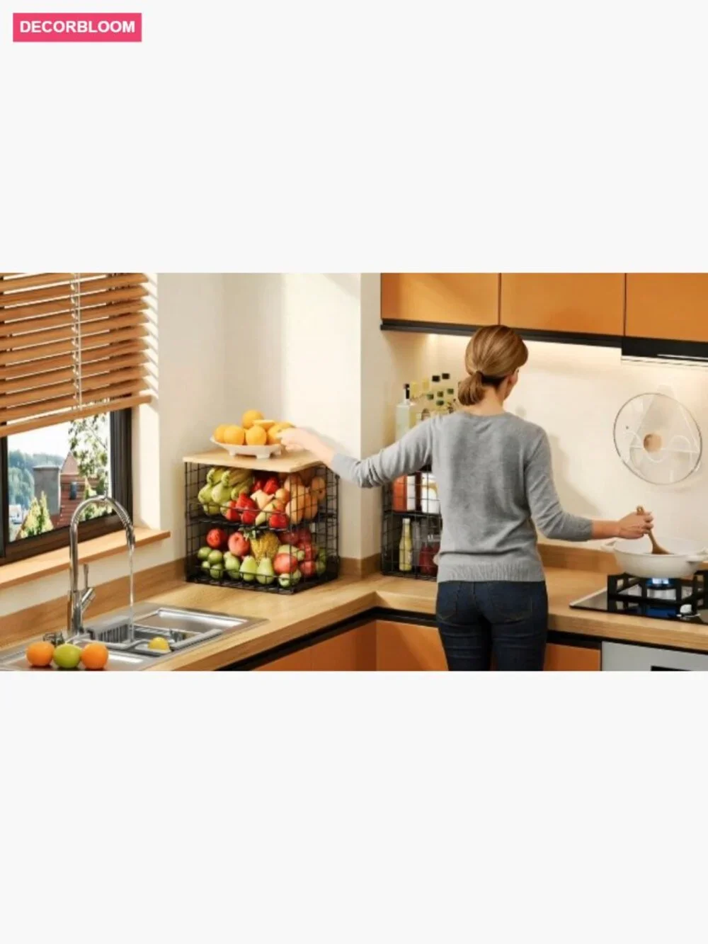 4 Pack Stackable Wire Baskets with Wooden Top for Kitchen Storage
